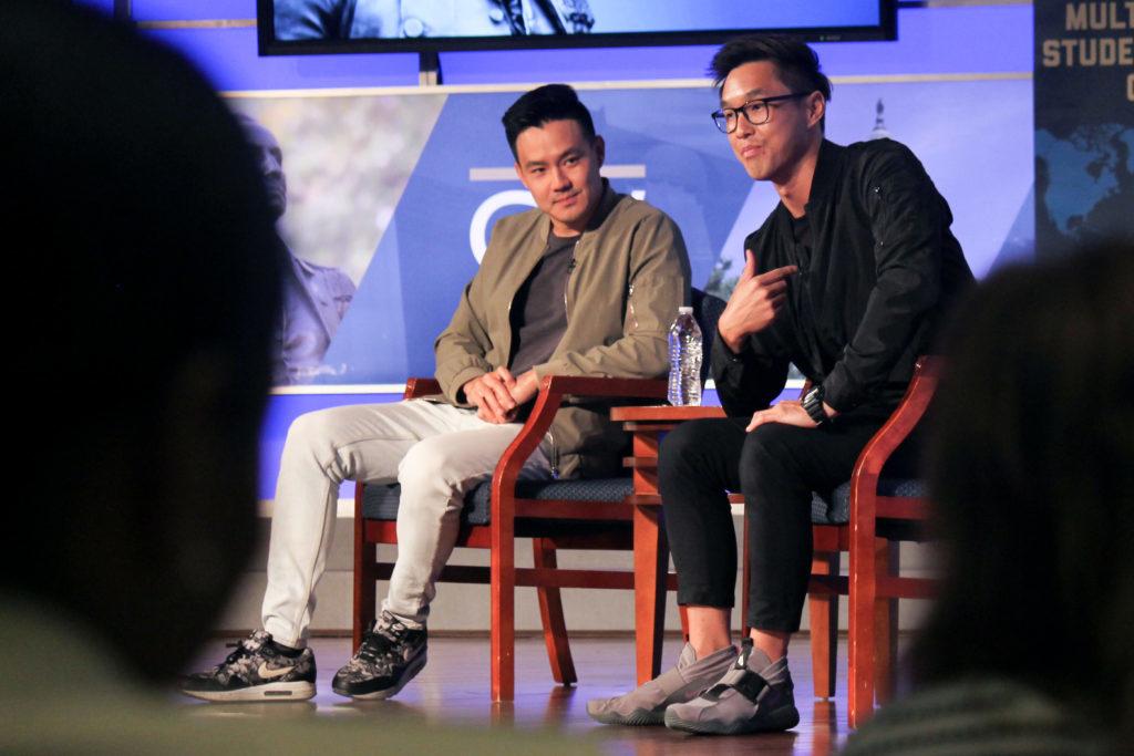 Philip Wang, left, and Wesley Chan, two filmmakers behind Wong Fu Productions, discussed the lack of Asian representation in entertainment at Jack Morton Auditorium Monday.