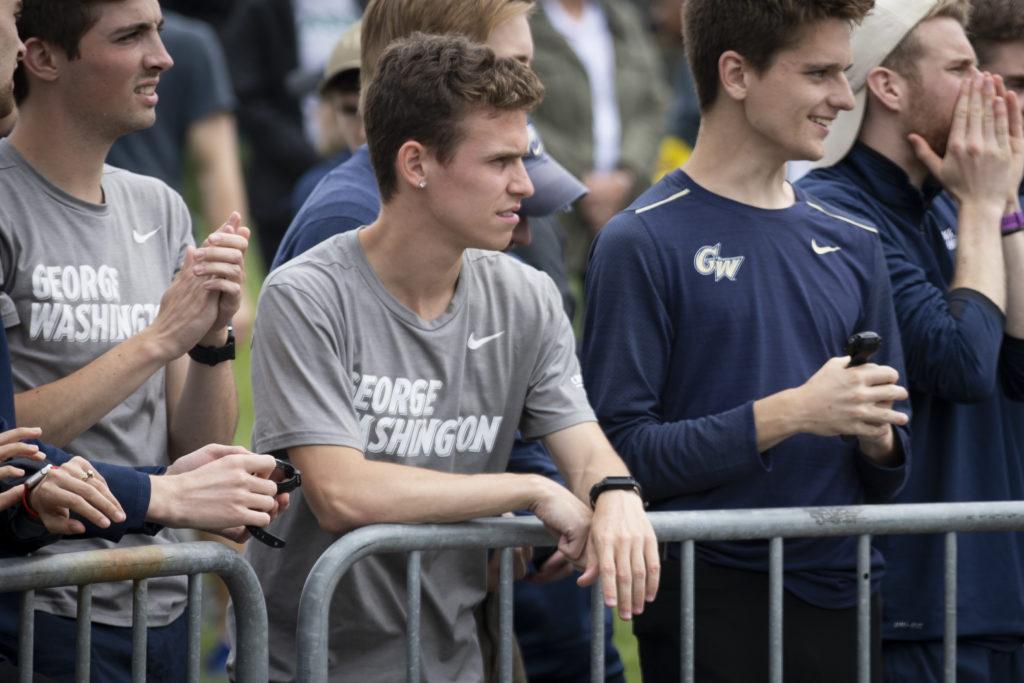Matt Lange watches as his teammates finish the relay during this years Atlantic 10 Outdoor Track and Field Championships at George Mason.