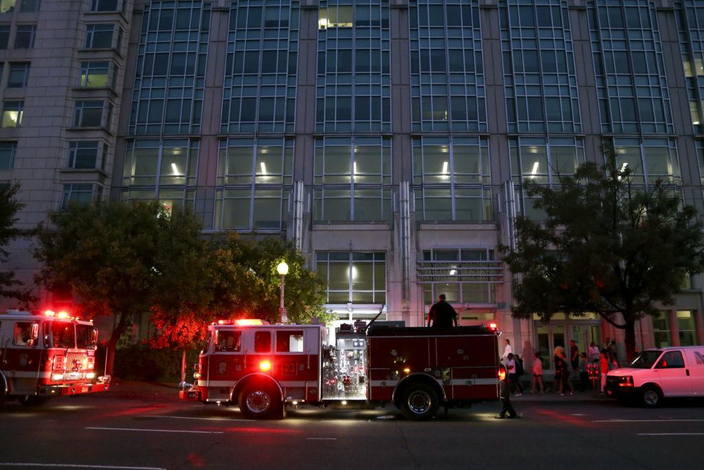 Ten firetrucks responded to the Elliott School of International Affairs early Monday after receiving a report of smoke in the schools basement.