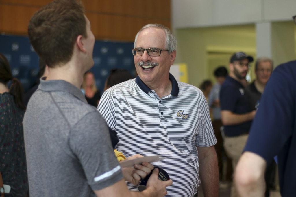 University President Thomas LeBlanc welcomes students during move-in Saturday.  