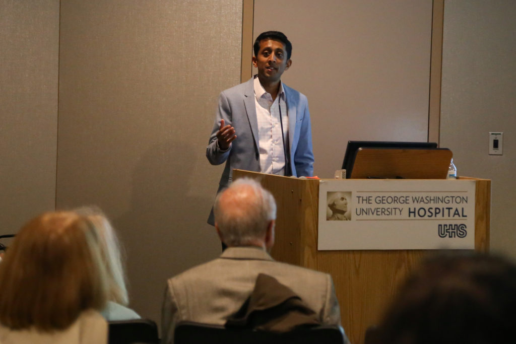 Rajeev Pandarinath, an orthopedic surgeon, speaks at a new health seminar series hosted by the GW Hospital and Medical Faculty Associates Wednesday night. 