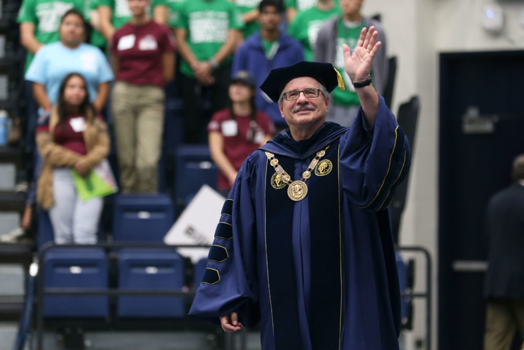 University President Thomas LeBlanc discussed the effects of social media at convocation Saturday. 