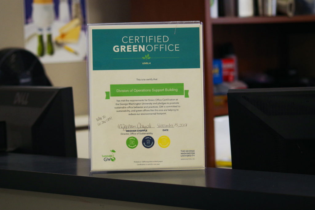 The Green Office Certification program has certified 58 offices on campus, like the Nashman Center for Civic Engagement and Public Service. 