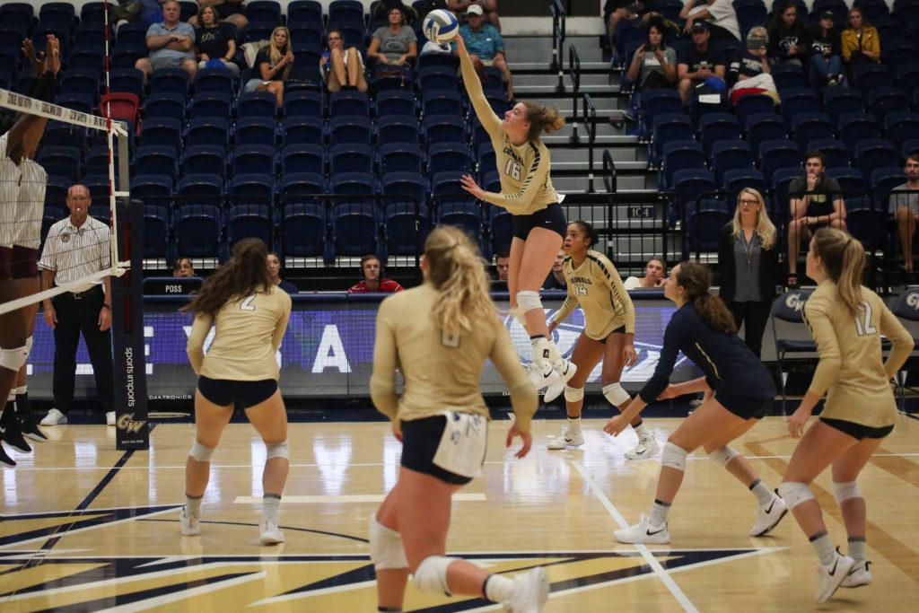 Junior outside hitter Jordan Young hits the ball at Saturdays home game against Alabama A&M. 