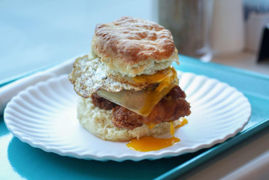 The chicken, egg and cheese biscuit sandwich ($9.99 for white meat or $8.99 for dark meat) at Mason Dixie Biscuit Co. is featured on the breakfast and brunch menus. 