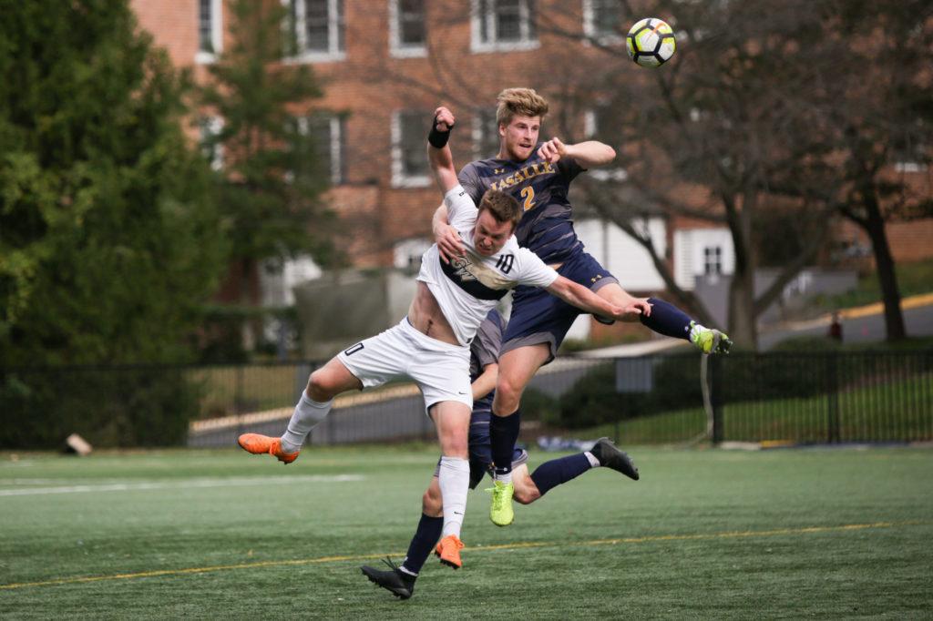 Graduate forward Haukur Hilmarsson goes up for the ball during a men's soccer game against LaSalle last week. 