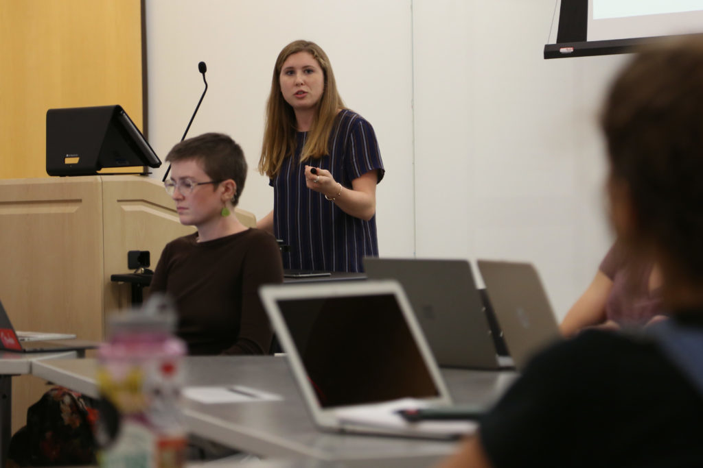 Giovanna Kupeic, an undergraduate intern for the Office of Sustainability, speaks at the offices first roundtable discussion Wednesday night. 