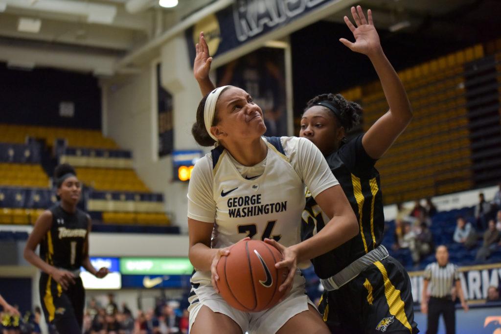 Freshman center Kayla Mokwuah looks for a shot during a women's basketball game against Towson Tuesday. 