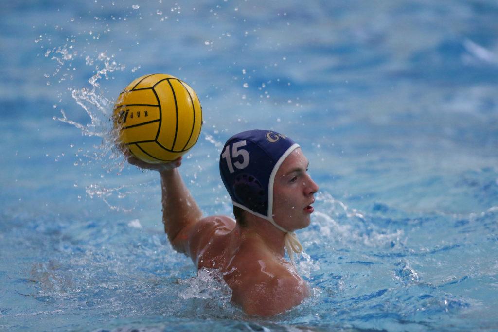 Freshman+attacker+Josh+Yardley+prepares+to+throw+a+ball+during+a+mens+water+polo+game+against+Bucknell+in+October.+