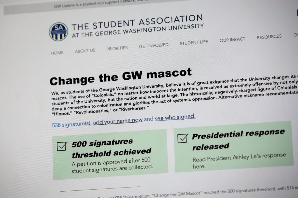 Students for Indigenous and Native American Rights is the only student organization that has used the petitioning tool to advocate for changing GW’s nickname from the Colonials to a less “offensive” title. 