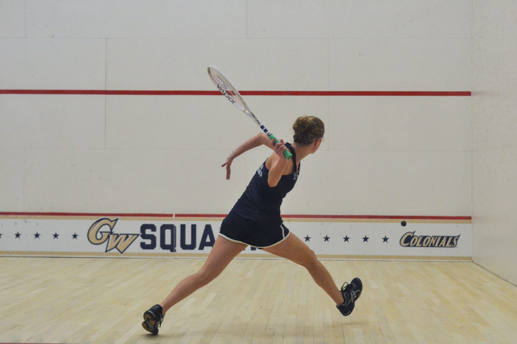 Senior+Brooke+Feldman+swings+at+a+ball+during+a+womens+squash+game+over+the+weekend.+