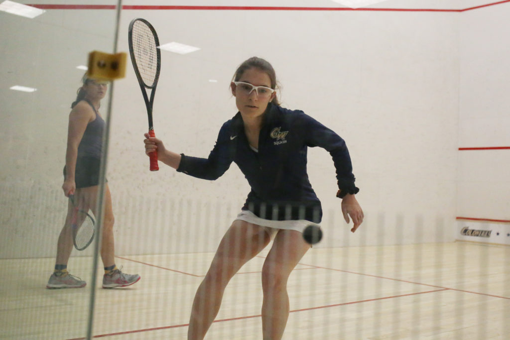 Freshman+Zoe+Eberstasdt-Beattie+swings+at+a+ball+during+a+womens+squash+match+against+Williams+over+the+weekend.+