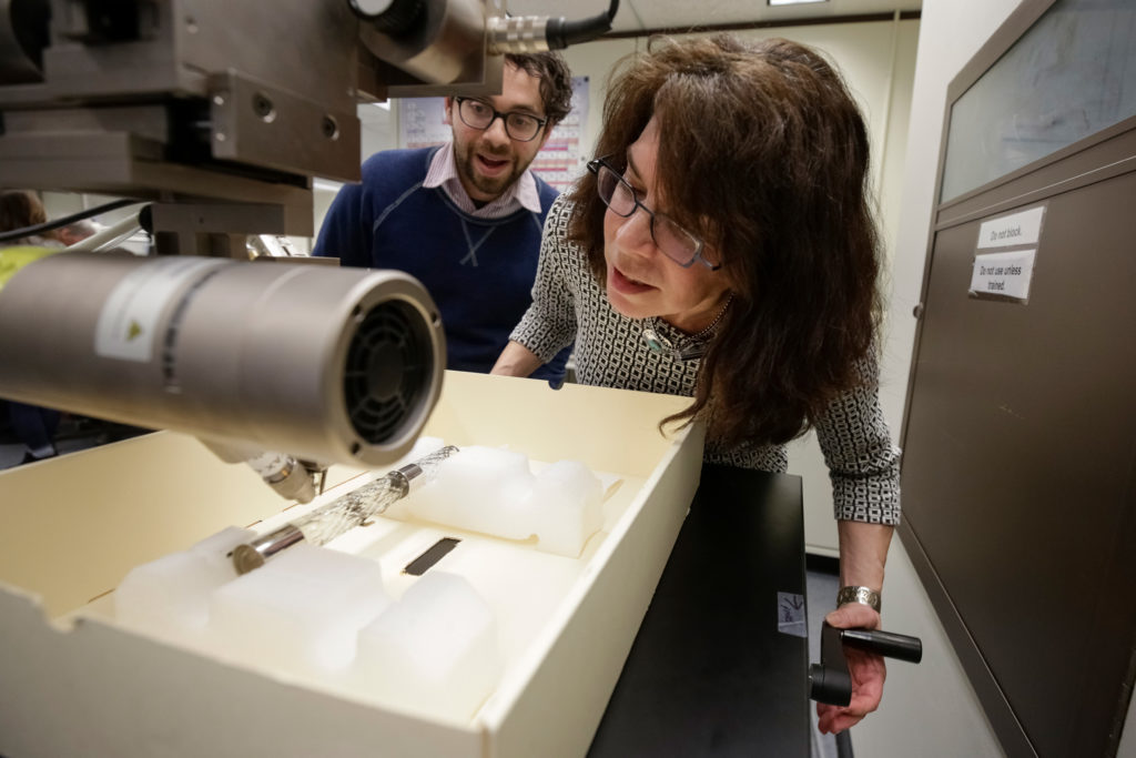 Lynn Brostoff, a cultural heritage scientist at the Library of Congress, prepares a flute for X-ray analysis. 