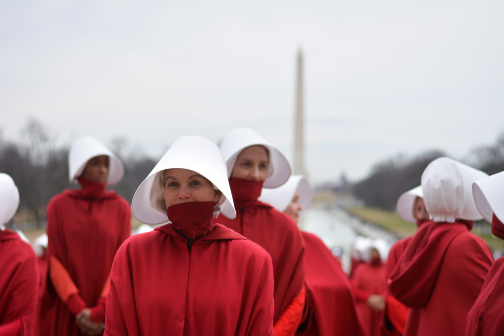 Hundreds of cast members and extras from The Handmaids Tale filmed an upcoming episode on the National Mall on Saturday afternoon.