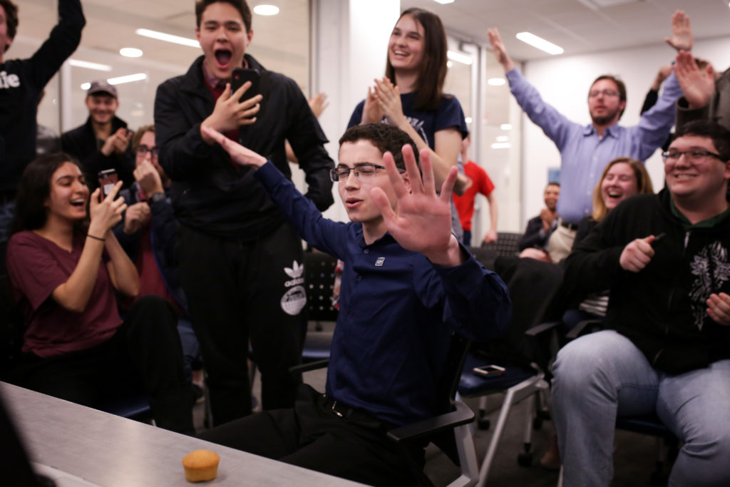 Freshman Justin Diamond, who launched a last-minute write-in campaign for SA president earlier this week, celebrates Thursday after the Joint Elections Commission announced that he would move on to a runoff election next week.