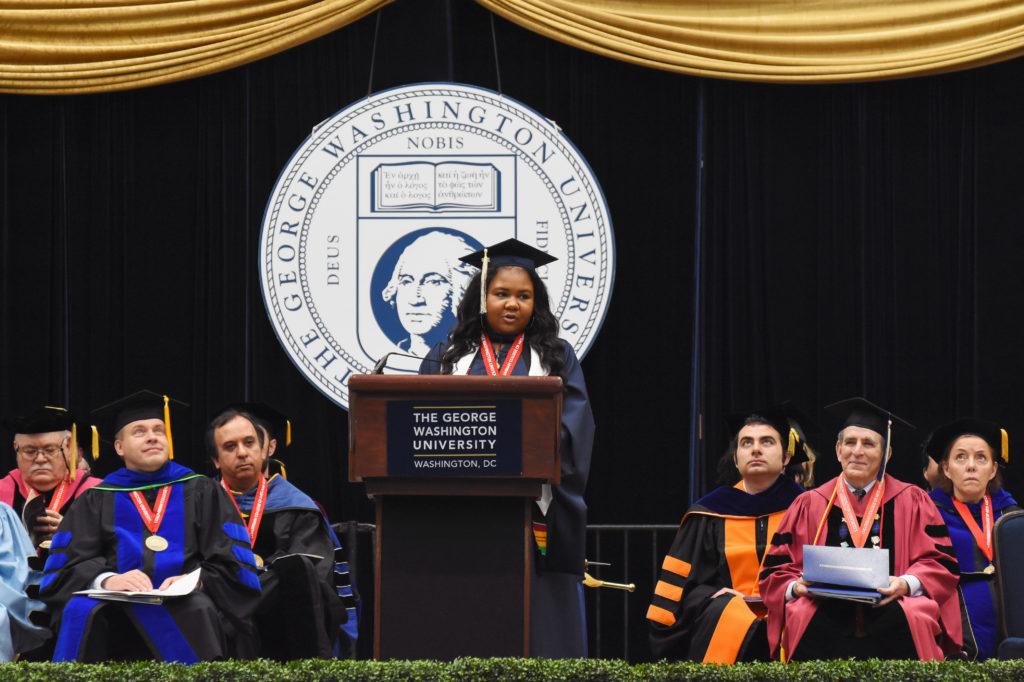 Jasmine Cannon, a student speaker and the recipient of the Distinguished Master’s Degree Scholar award, shared African proverbs at the commencement celebration.