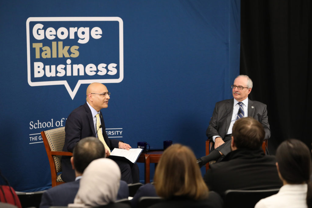 The series kicked off at the beginning of the semester with a conversation between University President Thomas LeBlanc and business school Dean Anuj Mehrotra.