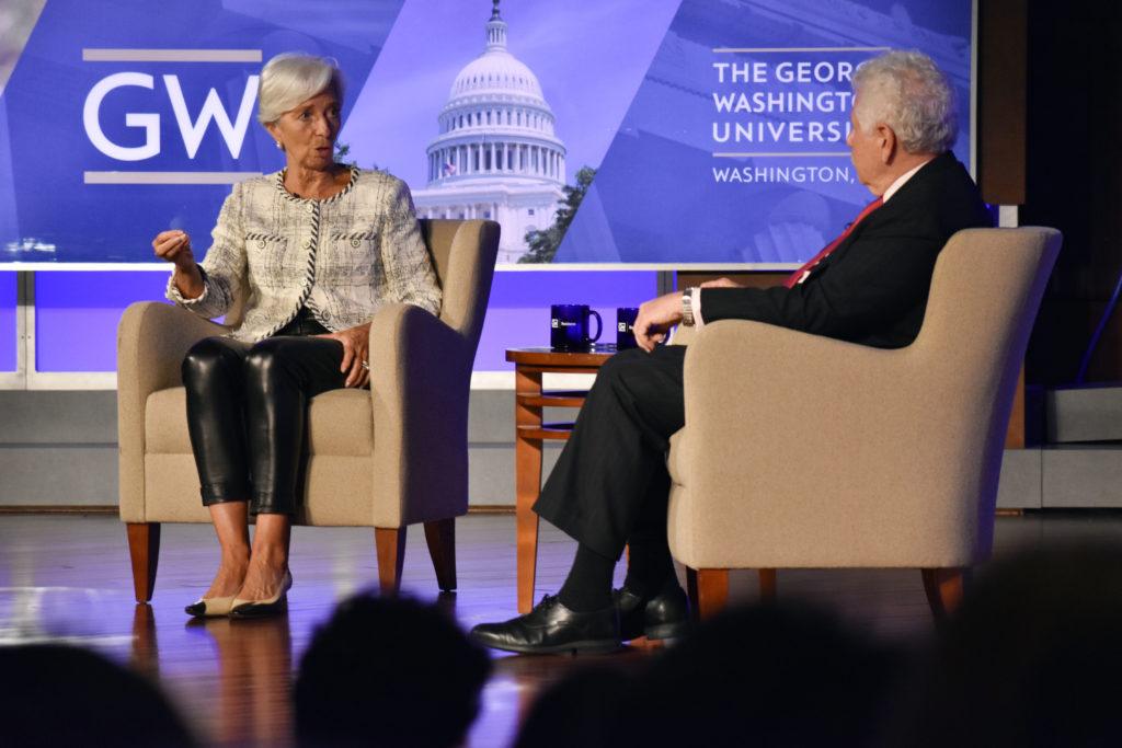 Christine+Lagarde%2C+the+IMFs+managing+director%2C+discusses+U.S.-China+trade+relations+and+globalization+at+Jack+Morton+Auditorium+Thursday.