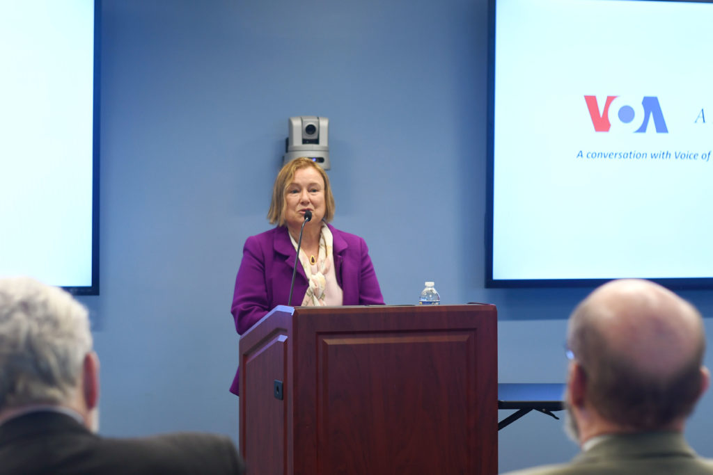 VOA Director Amanda Bennett discusses the threats journalists face around the world at an event Monday.