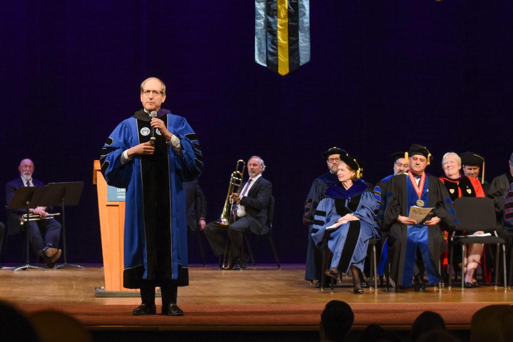 Frederick Lawrence, the chief executive officer of Phi Beta Kappa, encouraged graduates to embody the societys saying, “Love of learning is the pilot of life,” by being productive in their work.