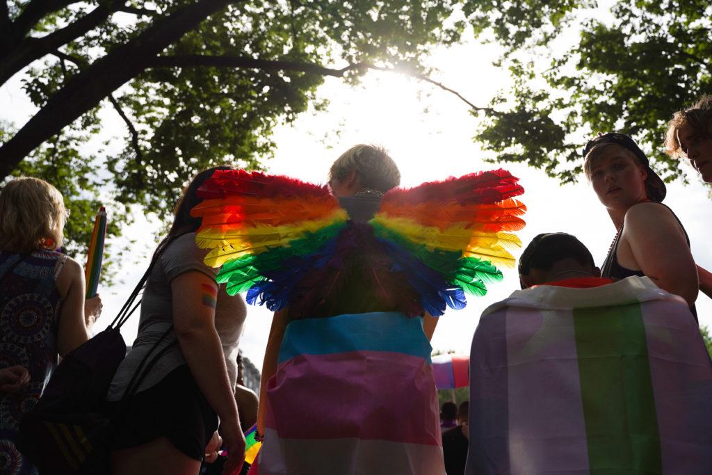 A Capital Pride Parade attendee watches the festivities wearing rainbow-colored wings.

