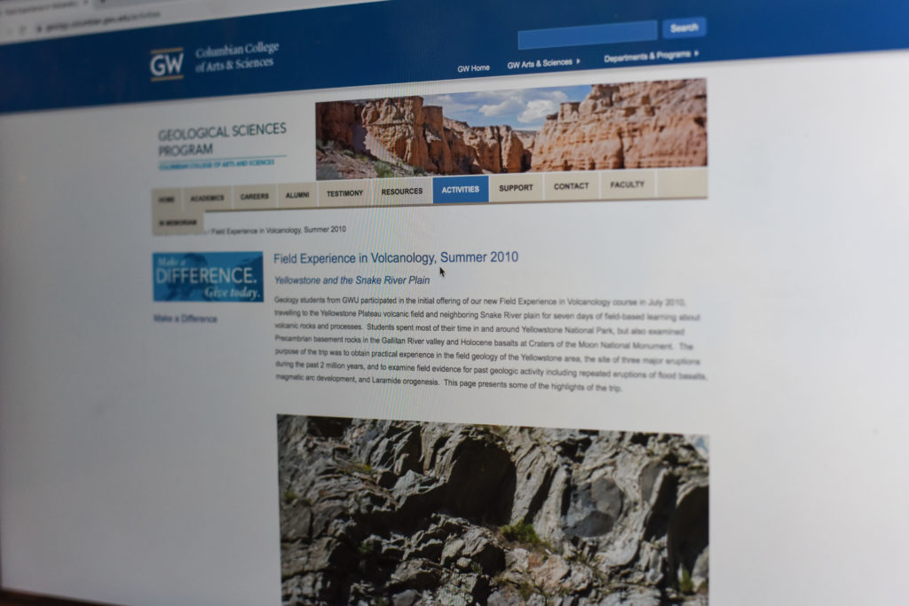 A tab on the website for the Geological Sciences Program highlighting student activities features just one entry, a trip to Yellowstone National Park nine years ago.