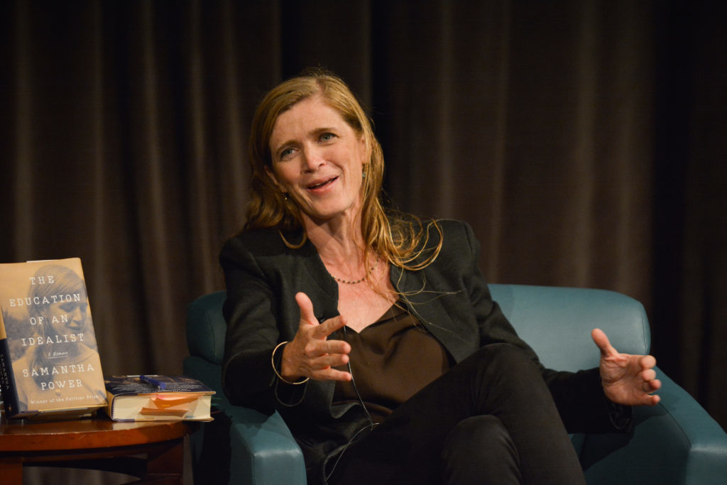 Samantha Power, the United States ambassador to the United Nations during President Barack Obamas second term, talked about learning to balance her personal views with her profession responsibilities at the event.
