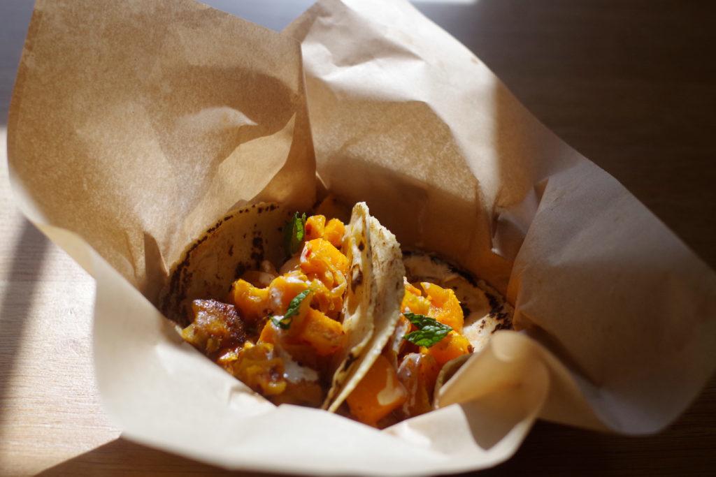 Goat cheese and caramelized onions glaze the taco, making the dish an autumn standout at Chaia Tacos. 