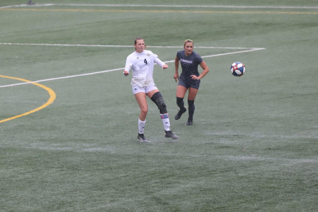 Redshirt senior defender Megan McCormick receives the ball during a game against St. Bonaventure. The Colonials beat the Bonnies 2–1. 