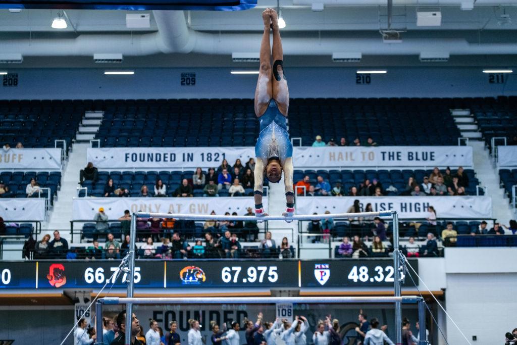 On the vault, GWs graduate student Deja Chambliss finished in first, recording a 9.875 score after leading the Colonials in the event through their past three meets.