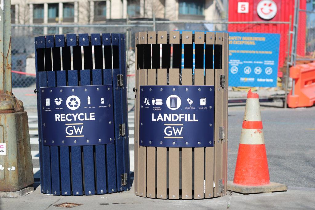 Officials said 115 sets of trash and recycling bins were installed around campus, and more will be installed throughout March. 