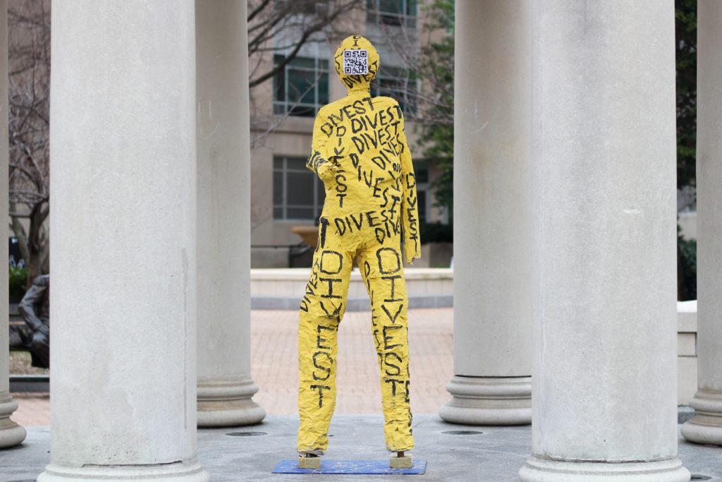 This weeks snapshot features what Sunrise GW calls Divestment Dude, a mannequin representing the push to divest from the fossil fuel industry. 