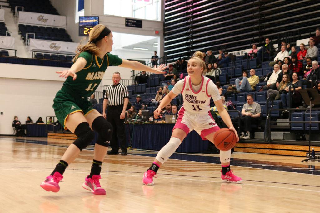 Redshirt freshman guard Tori Hyduke looks to shoot in last weeks game against George Mason. The Colonials fell to Dayton 50–44 in Wednesdays matchup. 