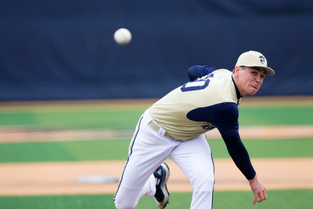 Freshman right-handed pitcher Connor Harris throws the ball. Pitching has boosted the Colonials play so far, helping them take home mostly wins since the season began.