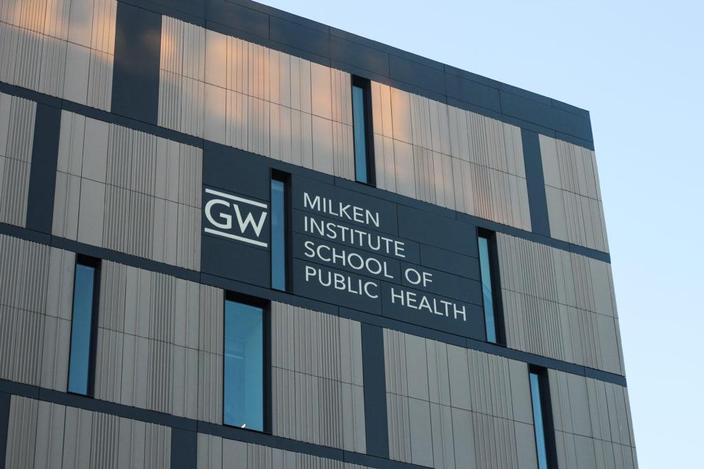 The sun sets on GWs Milken Institute of Public Health.