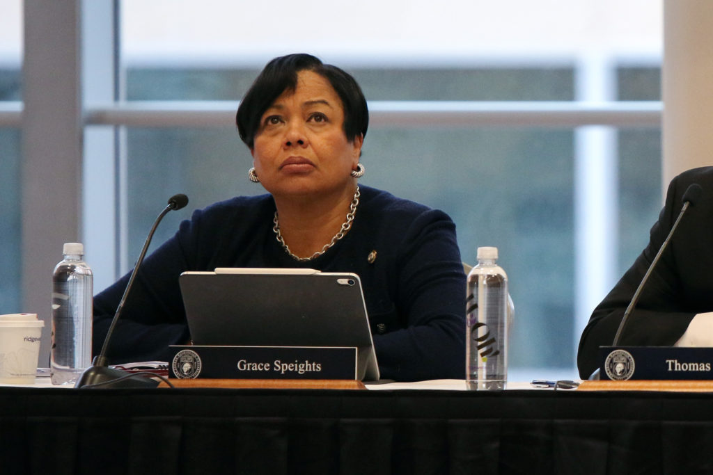 Board of Trustees Chair Grace Speights did not take a position on referenda calling for divestment from fossil fuels and voting student members of the Board. 