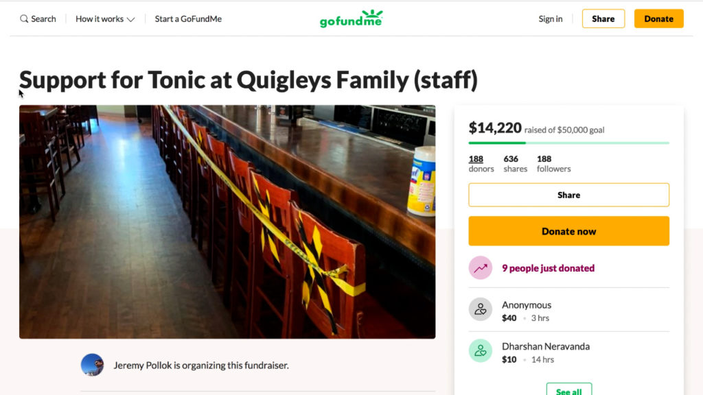 A GoFundMe campaign started by Tonics owner will be used to support employees furloughed amid the COVID-19 pandemic.