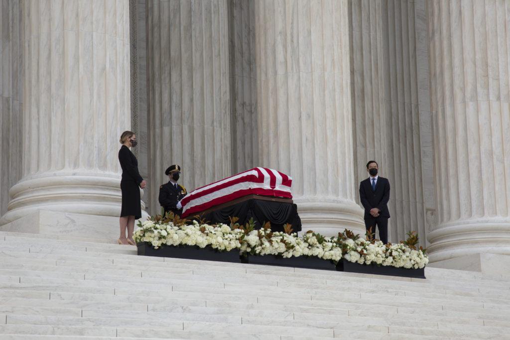 Former Associate Justice Ruth Bader Ginsburg lay in repose at the top of the front steps of the Supreme Court Thursday. 