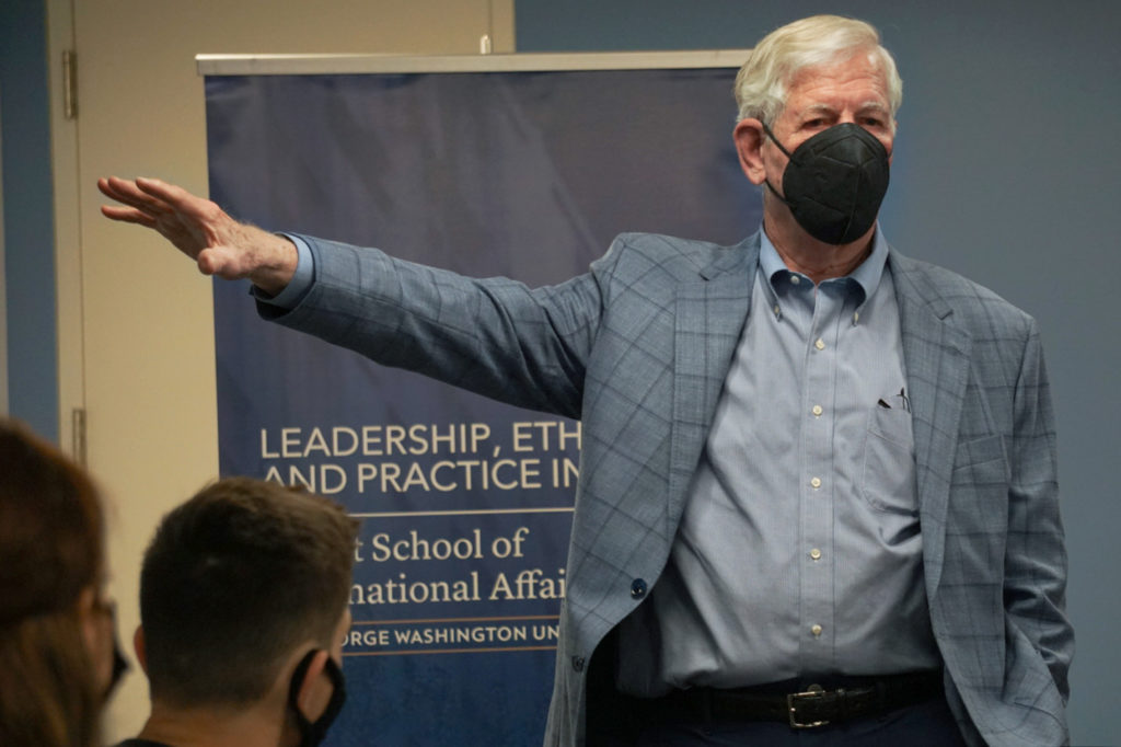 About a dozen attendees filed into the event at the Elliott School of International Affairs Tuesday, where Gen. Richard Myers talked character and leadership.