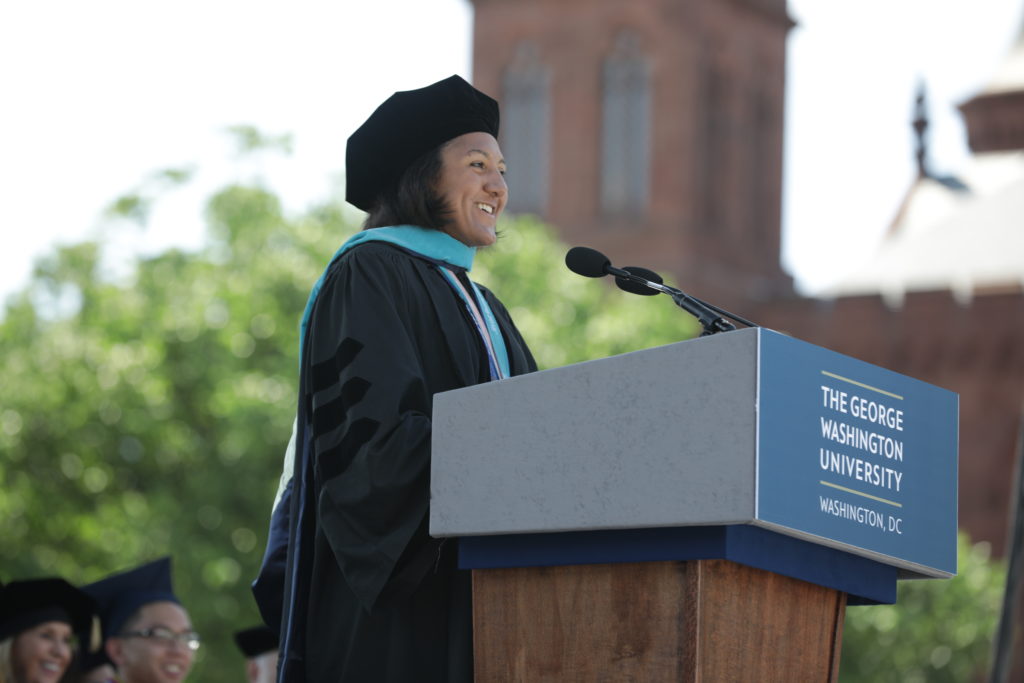 Elana Meyers Taylor addressed graduates at GWs 2018 Commencement upon receiving an honorary degree.