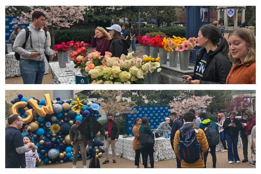 Students who made a $5 donation at the Giving Day event in Kogan Plaza could receive food, flowers or GW-themed merchandise.