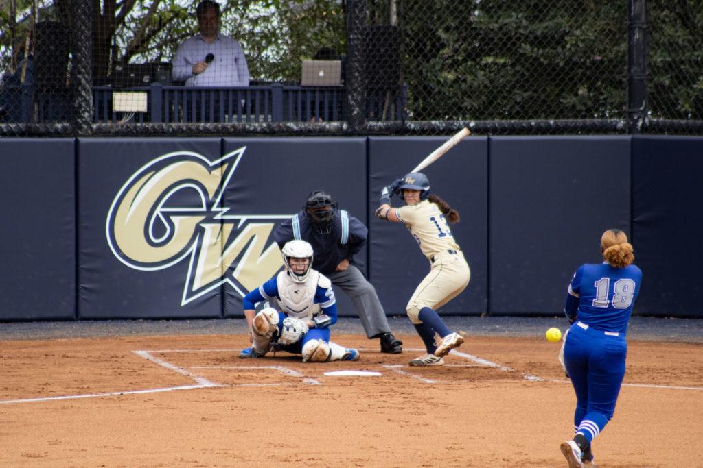 Graduate pitcher Sierra Lange led the way in the first game with a complete game shutout in GW’s 4–0 victory. 