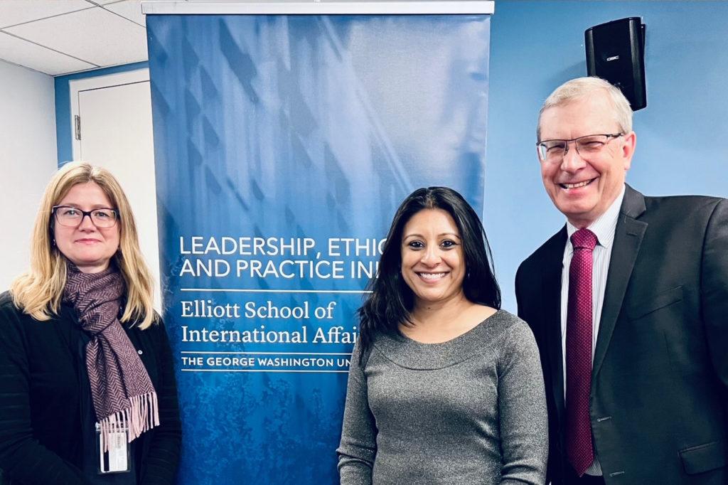 Fatema Sumar (center) spoke at the Elliott School of International Affairs on Wednesday.