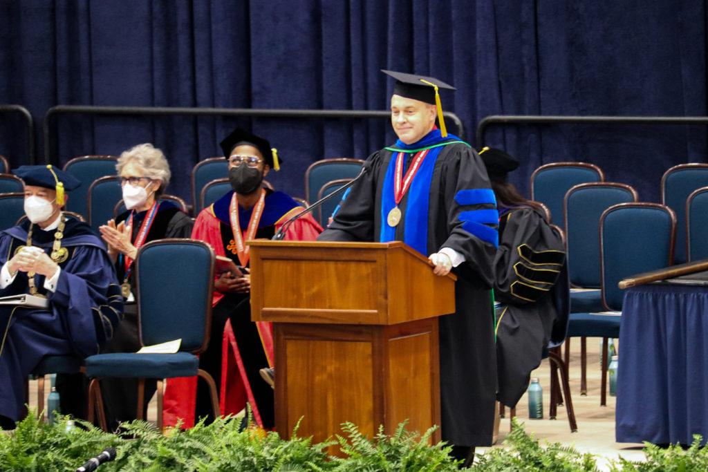Paul Wahlbeck, the dean of the Columbian College of Arts and Sciences, highlighted the resilience of the graduating class through the pandemic during his remarks. 
