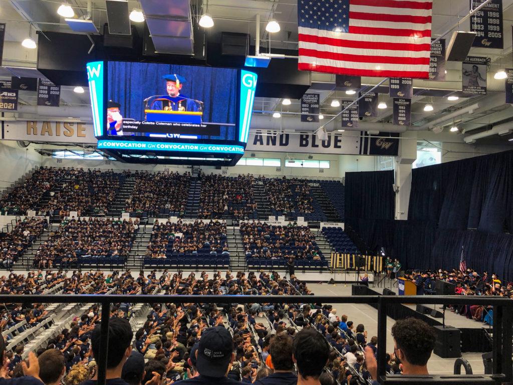 Interim University President Mark Wrighton encouraged students at the event to take advantage of only at GW events during their time in college. 