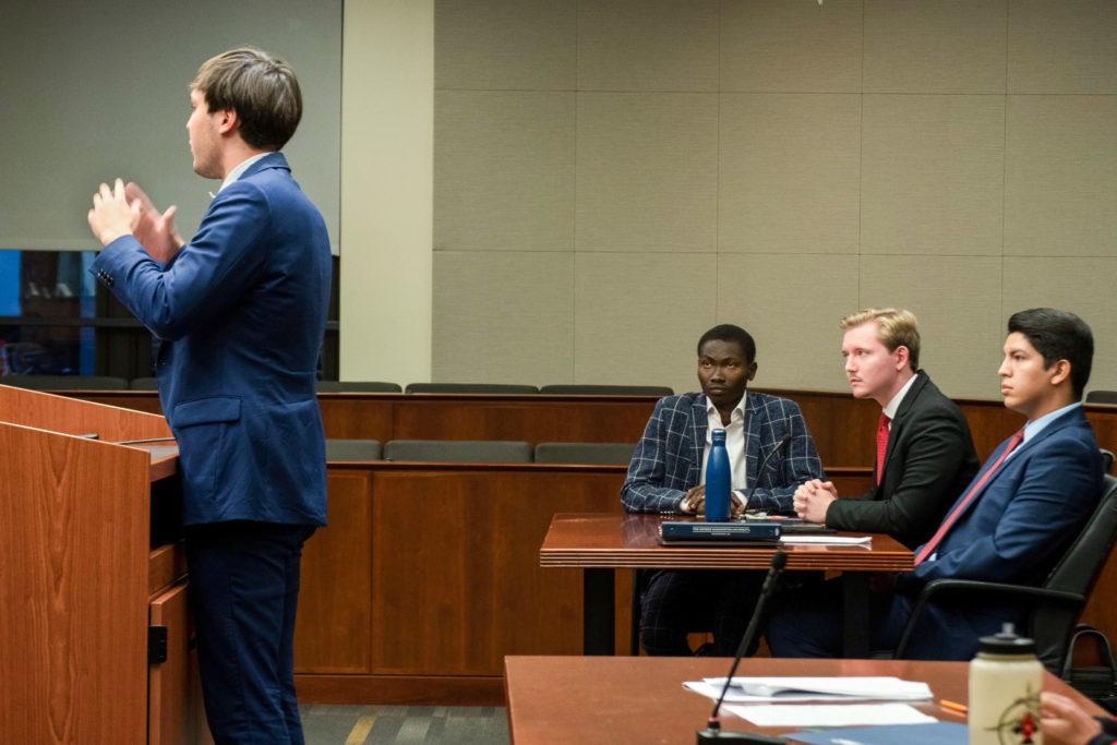Student Association President Christian Zidouemba looks on as former SA Legislator General Dylan Basescu speaks in Student Court. Basescu represented Cordelia Scales, the SA’s former chief of staff who alleged Zidouemba’s presidency was illegitimate.