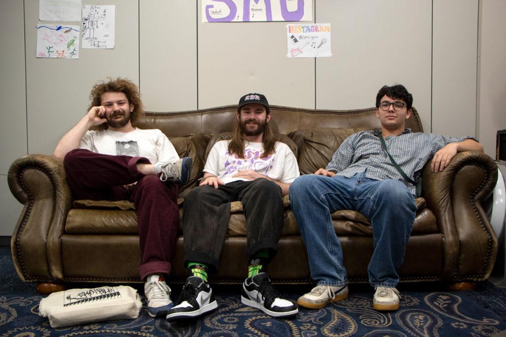 (L-R) Gibby Gibson, Dylan Weiss and Issac Appelbaum pose for a group portrait at the Student Musicians Coalition space in the University Student Center. The space, which recently moved from the basement of Shenkman Hall, is a functioning recording studio and rehearsal area.