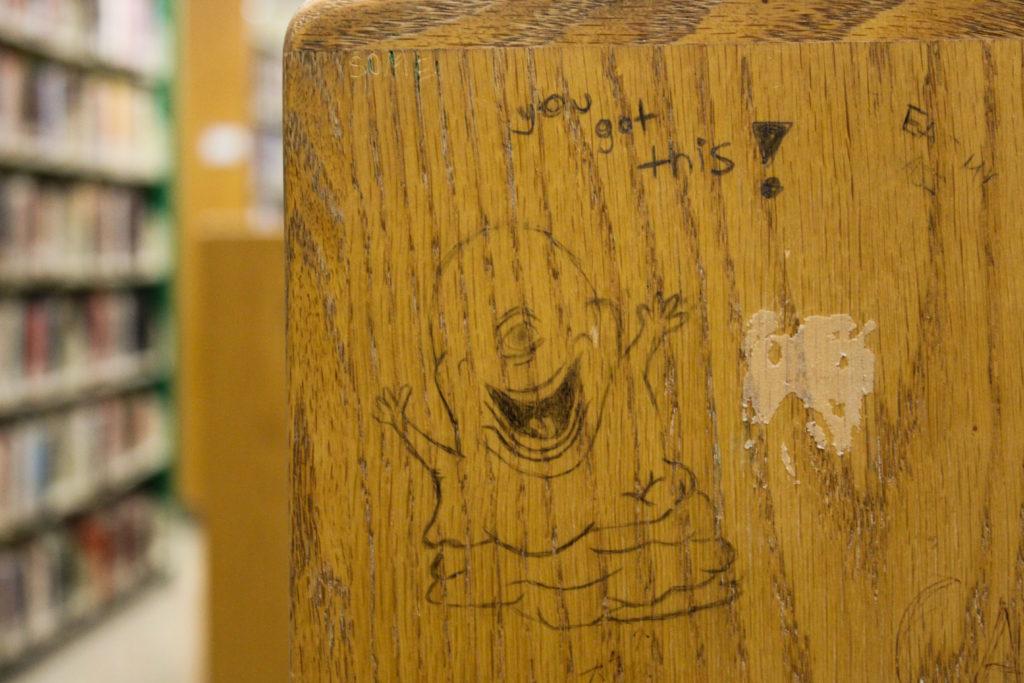 Seth Rogen voices the comical blue monster, Bob, so I imagine if students are feeling down in the dumps in the library, reading the “you got this” writing in the instantly recognizable Rogen voice will help brighten their spirits.