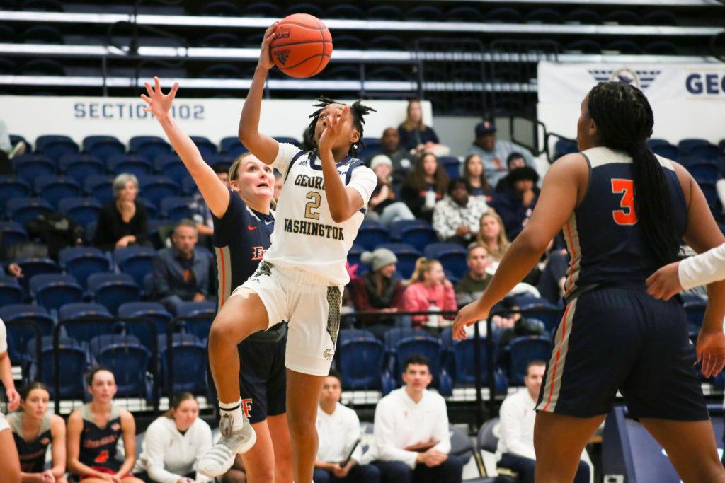 Freshman guard Nya Robertson bolstered the Colonials offense after coming off the bench, notching 16 points, five rebounds and two assists off the bench for the team.