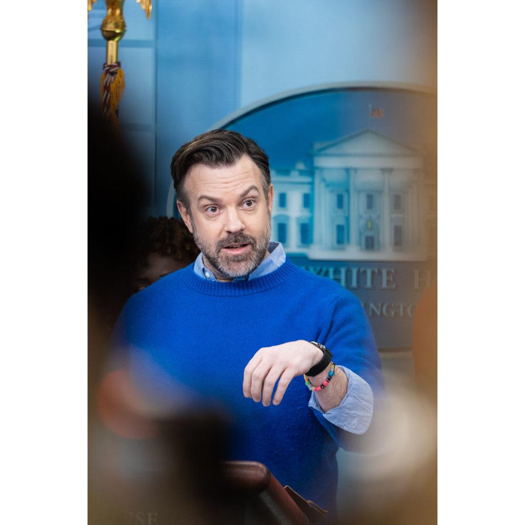 Lead actor and creator of the hit Apple TV show, “Ted Lasso” Jason Sudeikis speaks on mental health awareness in the White House Press room Monday.